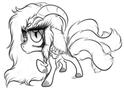 Size: 1138x822 | Tagged: safe, artist:beamybutt, imported from derpibooru, oc, oc only, pony, ear fluff, eyelashes, horns, monochrome, raised hoof, solo