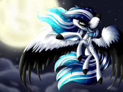 Size: 4500x3358 | Tagged: safe, artist:beamybutt, imported from derpibooru, oc, oc only, oc:marie pixel, pegasus, pony, cloud, colored wings, ear fluff, eyelashes, flying, full moon, moon, night, pegasus oc, solo, stars, two toned wings, wings