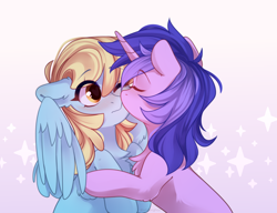 Size: 3000x2300 | Tagged: safe, artist:whiteliar, imported from derpibooru, sassaflash, sea swirl, seafoam, pegasus, pony, unicorn, background pony, blushing, chest fluff, commission, cute, female, high res, kissing, lesbian, mare, nose kiss, one eye closed, sassabetes, sassaswirl, seadorable, shipping, ych result