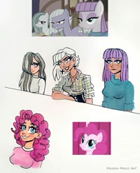 Size: 1080x1333 | Tagged: safe, artist:valeriamagicart, imported from derpibooru, limestone pie, marble pie, maud pie, pinkie pie, human, ear piercing, earring, female, grin, humanized, jewelry, looking at you, piercing, scene interpretation, screencap reference, smiling, traditional art