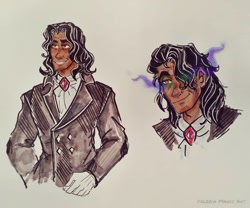 Size: 1080x899 | Tagged: safe, artist:valeriamagicart, imported from derpibooru, king sombra, human, clothes, cravat, dark skin, eye mist, gloves, glowing, glowing eyes, humanized, lidded eyes, male, smiling, solo, suit, traditional art