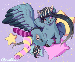 Size: 1280x1051 | Tagged: safe, artist:brot-art, imported from derpibooru, oc, oc only, oc:tamashi song, pegasus, pony, arm behind head, clothes, crossed legs, ear piercing, female, hoof polish, mare, mismatched socks, pegasus oc, piercing, pillow, smiling, smirk, socks, solo, striped socks