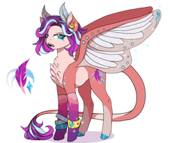 Size: 1280x1051 | Tagged: safe, artist:brot-art, imported from derpibooru, oc, oc only, hybrid, pony, chest fluff, ear piercing, earring, hoof polish, jewelry, piercing, simple background, smiling, solo, transparent background, wings