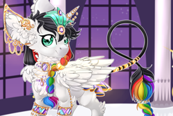 Size: 4120x2776 | Tagged: safe, artist:schokocream, imported from derpibooru, oc, oc only, oc:lightning bliss, alicorn, alicorn oc, braid, ear piercing, earring, horn, horn jewelry, indoors, jewelry, piercing, ring, smiling, tail, tail ring, wings