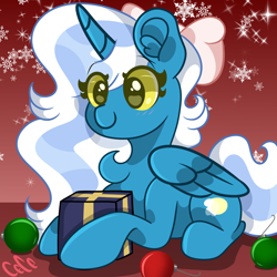 Size: 1000x1000 | Tagged: safe, artist:endergurl22, imported from derpibooru, oc, oc:fleurbelle, alicorn, adorabelle, alicorn oc, bauble, bow, cute, female, hair bow, horn, mare, ocbetes, present, snow, snowflake, wingding eyes, wings