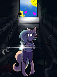 Size: 1266x1699 | Tagged: safe, artist:tranzmuteproductions, imported from derpibooru, oc, oc only, anthro, unguligrade anthro, unicorn, cave, clothes, female, horn, jewelry, necklace, pearl necklace, scared, smiling, sun, unicorn oc