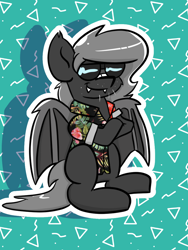 Size: 768x1024 | Tagged: safe, artist:tranzmuteproductions, imported from derpibooru, oc, oc only, oc:tranzmute, bat pony, pony, abstract background, bandaid, bandaid on nose, bat pony oc, clothes, crossed arms, male, smiling, solo, stallion, sunglasses