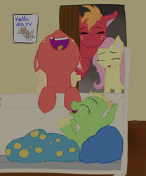 Size: 1002x1206 | Tagged: safe, artist:kaleysia, imported from derpibooru, big macintosh, fluttershy, oc, oc:cellini, oc:crispin, earth pony, pegasus, pony, baby, baby pony, blanket, brother and sister, colt, crib, cropped, eyes closed, family, female, filly, floppy ears, fluttermac, freckles, laughing, male, nose in the air, offspring, open mouth, open smile, parent:big macintosh, parent:fluttershy, parents:fluttermac, pillow, shipping, siblings, singing, smiling, straight, tired, tongue out, unshorn fetlocks