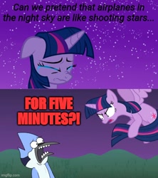 Size: 500x562 | Tagged: safe, imported from derpibooru, twilight sparkle, alicorn, bird, blue jay, pony, once upon a zeppelin, airplanes (song), crossing the memes, crossover, crossover shipping, crying, female, for five minutes, interspecies, male, mare, meme, mordecai, mordetwi, regular show, shipping, shocked, shrek, shrek 2, straight, subverted meme, twilight sparkle (alicorn)