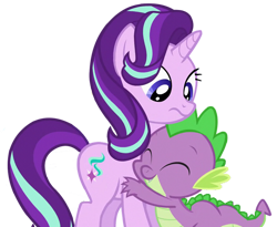 Size: 813x668 | Tagged: safe, artist:rozyfly10, edit, edited screencap, imported from derpibooru, screencap, spike, starlight glimmer, dragon, pony, unicorn, season 6, the crystalling, cute, duo, eyes closed, faic, female, frown, hug, male, mare, shipping, simple background, smiling, sparlight, straight, transparent background