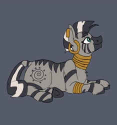 Size: 3000x3200 | Tagged: safe, artist:applejackofalltrades, imported from derpibooru, zecora, pony, zebra, bracelet, ear piercing, earring, female, fluffy, gray background, high res, jewelry, looking up, lying down, mare, neck rings, piercing, prone, quadrupedal, simple background, smiling, solo, underhoof