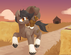 Size: 2576x2000 | Tagged: safe, artist:penpale-heart, imported from ponybooru, oc, oc only, oc:acres, oc:autumn draft, earth pony, pony, barn, black mane, black tail, blaze (coat marking), blonde, blonde mane, brown coat, clothes, cloud, coat, coat markings, colt, cowboy hat, detailed background, dirt path, earth pony oc, father and child, father and son, food, hat, hay bale, looking back, male, parent and child, path, ponies riding ponies, raised hoof, raised leg, riding, smiling, socks (coat marking), stallion, unshorn fetlocks, wheat, wheat field