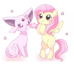 Size: 1959x1710 | Tagged: safe, artist:ginmaruxx, imported from derpibooru, fluttershy, espeon, pegasus, pony, bipedal, blushing, crossover, cute, duo, female, looking at someone, mare, pokémon, shyabetes, simple background, sitting, smiling, spread wings, standing, three quarter view, white background, wings