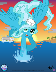 Size: 3000x3882 | Tagged: safe, artist:mewtwo-ex, artist:whimsymorning, imported from derpibooru, oc, oc only, oc:sea sailor, pegasus, cloud, cruise ship, female, flying, green eyes, island, logo, looking at you, mare, ocean, palm tree, pegasus oc, reflection, sailor, seabronies, signature, simple background, smiling, smiling at you, splashing, sunset, tail, tree, two toned mane, two toned tail, vector, water, wings