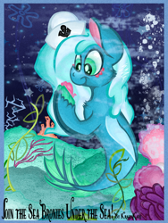 Size: 960x1280 | Tagged: safe, artist:krazykari, imported from derpibooru, oc, oc only, oc:sea sailor, merpony, pegasus, seapony (g4), blue, cloven hooves, female, fins, fish tail, flowing tail, green eyes, hat, mare, ocean, pegasus oc, race swap, reference, sailor, sailor hat, seashell, smiling, tail, the little mermaid, under the sea, underwater, unshorn fetlocks, water, wings