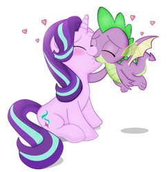 Size: 1796x1852 | Tagged: safe, alternate version, artist:invisibleink, imported from ponybooru, spike, starlight glimmer, dragon, pony, unicorn, blushing, cute, eyes closed, female, flying, heart, image, kissing, male, mare, png, romantic, shipping, simple background, sparlight, spread wings, straight, transparent background, wingboner, winged spike, wings