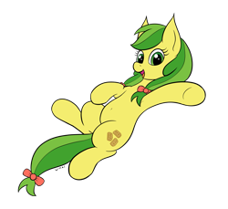 Size: 1937x1773 | Tagged: safe, artist:wapamario63, imported from ponybooru, apple fritter, earth pony, pony, apple family member, background pony, belly, belly button, bow, colored, cute, female, flat colors, hair bow, looking at you, lying down, mare, on back, open mouth, simple background, solo, tail bow, transparent background