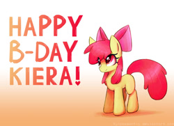 Size: 1024x742 | Tagged: safe, artist:vulpessentia, imported from derpibooru, apple bloom, earth pony, pony, female, filly, happy birthday, solo, text