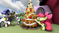 Size: 1920x1080 | Tagged: safe, artist:mrcracer, imported from derpibooru, apple bloom, applejack, rarity, sweetie belle, earth pony, pony, unicorn, 3d, christmas, christmas tree, female, filly, holiday, mare, source filmmaker, tree