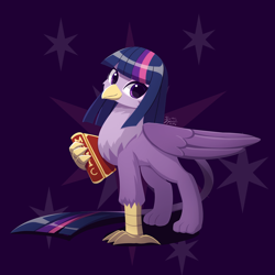 Size: 1250x1250 | Tagged: safe, artist:howxu, imported from derpibooru, twilight sparkle, griffon, beak, book, commission, cute, female, folded wings, griffonized, looking at you, solo, species swap, talons, wings