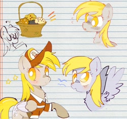 Size: 1024x963 | Tagged: safe, artist:bug-roux, imported from derpibooru, derpy hooves, pegasus, pony, basket, cap, chest fluff, cute, derpabetes, female, food, hat, heart, lined paper, mailmare, mare, muffin, solo, spread wings, white pupils, wings