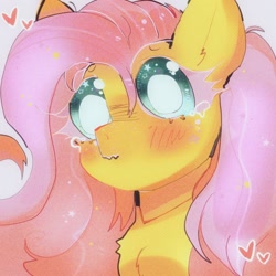 Size: 1024x1024 | Tagged: safe, artist:bug-roux, imported from derpibooru, fluttershy, pegasus, pony, blushing, bust, chest fluff, close-up, colored eyelashes, crying, female, heart, looking at you, mare, portrait, solo, stray strand, teary eyes, three quarter view, wavy mouth, white pupils