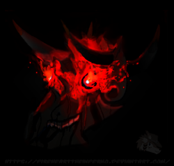 Size: 724x692 | Tagged: safe, artist:firehearttheinferno, imported from derpibooru, fallout equestria, from the shadows, abomination, aura, burning, concept art, concept for a fanfic, dark, digital art, fallout equestria: equestria the beautiful, fire, glowing, glowing eyes, goathead fellbeast, grim, horns, monster, nightmare fuel, red eyes, scary, scary face, skull, spooky, tar, teeth