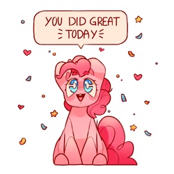 Size: 2000x2000 | Tagged: safe, artist:cocopudu, imported from derpibooru, pinkie pie, earth pony, pony, confetti, cute, dialogue, diapinkes, female, heart, high res, looking at you, mare, positive message, positive ponies, simple background, sitting, solo, talking to viewer, white background, white pupils