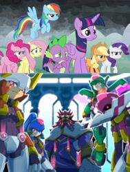 Size: 976x1292 | Tagged: safe, edit, edited screencap, imported from derpibooru, screencap, applejack, fluttershy, pinkie pie, rainbow dash, rarity, spike, twilight sparkle, alicorn, dragon, earth pony, human, pegasus, pony, unicorn, the ending of the end, aeolus, atlas, biometal, comparison, fanfic fuel, horn, mane seven, mane six, master thomas, mega man (series), megaman zx, megaman zx advent, model f, model h, model l, model p, reploid, siarnaq, the four megamans, thetis, twilight sparkle (alicorn), winged spike, wings