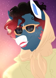 Size: 1880x2614 | Tagged: safe, artist:inisealga, imported from derpibooru, oc, oc only, oc:monsoon nixie, anthro, bat pony, abstract background, bat pony oc, clothes, coat markings, facial markings, glasses, gradient background, lipstick, markings, scarf