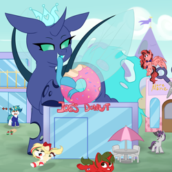 Size: 3000x3000 | Tagged: safe, artist:thieftea, imported from derpibooru, oc, oc:hollie, oc:scarlett blade, oc:sektiss, oc:snowy blue, changeling, earth pony, pegasus, pony, unicorn, blue changeling, cloud, donut, food, high res, running, scared, smiling