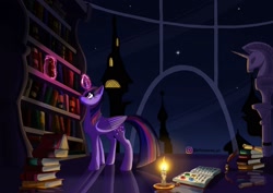 Size: 2000x1417 | Tagged: safe, artist:amy2sa-fan, artist:pottyospanna, imported from derpibooru, twilight sparkle, alicorn, pony, book, bookshelf, candle, candlelight, canterlot, canterlot library, female, glowing, glowing horn, horn, library, magic, mare, night, solo, stars, twilight sparkle (alicorn), twilight's canterlot home