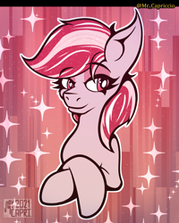 Size: 3000x3750 | Tagged: safe, artist:mrcapriccio, imported from derpibooru, sugar moonlight, earth pony, pony, abstract background, bust, crossed hooves, female, g5, high res, makeup, mare, my little pony: a new generation, portrait, smiling, solo, sparkles