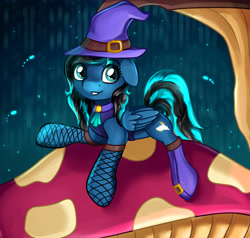 Size: 4200x4000 | Tagged: safe, artist:appleneedle, imported from derpibooru, oc, oc only, oc:moonshine, pegasus, pony, clothes, costume, cutie mark, female, fishnets, halloween, halloween costume, happy, hat, holiday, mushroom, solo, witch hat