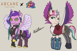 Size: 2000x1315 | Tagged: safe, artist:kiumba, imported from derpibooru, pipp petals, zipp storm, pegasus, pony, arcane, clothes, cosplay, costume, crossdressing, crossover, fanart, female, g5, jinx (league of legends), league of legends, my little pony: a new generation, powder (arcane), siblings, sisters, spread wings, vi, wings