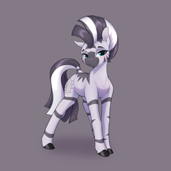 Size: 3200x3200 | Tagged: safe, artist:aquaticvibes, imported from derpibooru, zecora, pony, zebra, blushing, female, gray background, high res, lidded eyes, looking at you, mare, missing accessory, quadrupedal, simple background, smiling, solo