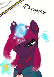 Size: 877x1259 | Tagged: safe, artist:decokenite, imported from derpibooru, fizzlepop berrytwist, tempest shadow, pony, unicorn, blood, crossover, dalgona, female, mare, messed up hair, needle, signature, solo, squid game