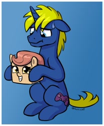 Size: 1626x1965 | Tagged: safe, artist:heretichesh, imported from derpibooru, oc, oc only, oc:power play, pony, unicorn, :t, box pony, female, filly, floppy ears, frown, gradient background, holding a pony, male, sitting, smiling, stallion, sweat, sweatdrop