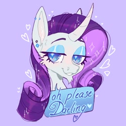 Size: 2048x2048 | Tagged: safe, artist:possumpupper, imported from derpibooru, rarity, pony, unicorn, bust, cheek fluff, curved horn, darling, ear piercing, facial hair, female, goatee, heart, high res, horn, lidded eyes, piercing, simple background, solo, speech bubble, starry eyes, wingding eyes