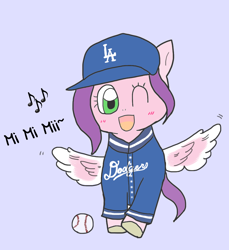 Size: 916x1000 | Tagged: safe, artist:foxy1219, imported from derpibooru, pipp petals, pegasus, pony, adorapipp, baseball, baseball cap, cap, clothes, cute, female, g5, hat, looking at you, los angeles dodgers, mare, mi mi miii, mlb, music notes, my little pony: a new generation, one eye closed, open mouth, open smile, smiling, sofia carson, sports, spread wings, uniform, wings, wink