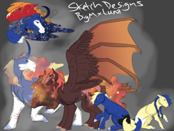 Size: 2048x1536 | Tagged: safe, artist:lilithvicqqy, imported from derpibooru, big macintosh, princess luna, oc, oc:earthshine, oc:harvest moon, oc:waning crescent, oc:waxing candle, alicorn, bat pony, earth pony, pony, unicorn, bat pony oc, female, hybrid wings, lunamac, male, mare, offspring, parent:big macintosh, parent:princess luna, parents:lunamac, shipping, stallion, straight, wings