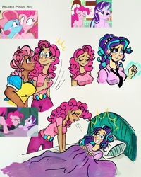 Size: 1080x1347 | Tagged: safe, artist:valeriamagicart, imported from derpibooru, cup cake, pinkie pie, starlight glimmer, human, no second prances, rock solid friendship, the one where pinkie pie knows, beautiful, bed, blanket, clothes, dark skin, ear piercing, earring, emanata, female, glowing hands, humanized, jewelry, lip bite, necktie, piercing, pillow, scene interpretation, screencap reference, shirt, startled, t-shirt, traditional art, yelling