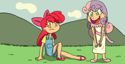 Size: 1600x817 | Tagged: safe, artist:projectfirelights, imported from derpibooru, apple bloom, sweetie belle, human, duo, female, humanized, open mouth