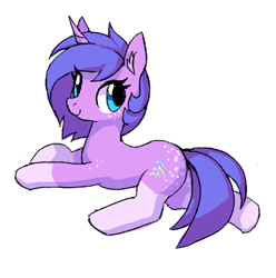 Size: 482x486 | Tagged: safe, anonymous artist, imported from derpibooru, oc, oc only, oc:startrail, pony, unicorn, coat markings, cute, dappled, female, flockmod, freckles, looking back, lying down, prone, simple background, smiling, socks (coat markings), solo, spots, white background