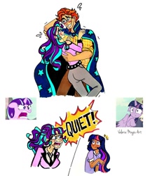 Size: 1080x1264 | Tagged: safe, artist:valeriamagicart, imported from derpibooru, starlight glimmer, sunburst, twilight sparkle, alicorn, human, the cutie map, angry, arm behind head, belt, blushing, cloak, clothes, emanata, female, glasses, humanized, male, necktie, nervous, pants, quiet, scene interpretation, screencap reference, shipping, shirt, shoulderless, starburst, straight, sunburst's cloak, sunburst's glasses, traditional art, twilight sparkle (alicorn), yelling