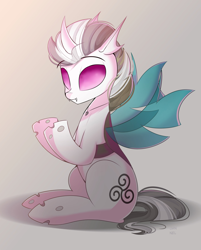 Size: 1740x2160 | Tagged: safe, artist:janelearts, imported from derpibooru, oc, oc only, oc:nobrony, changeling, cutie mark, fangs, high res, insect wings, male, purple changeling, simple background, sitting, solo, surprised, white changeling, wings