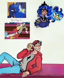 Size: 1080x1317 | Tagged: safe, artist:valeriamagicart, imported from derpibooru, discord, princess luna, human, a matter of principals, a royal problem, 30 rock, backwards ballcap, bags under eyes, banana, bananaphone, baseball cap, cap, dark skin, ethereal hair, female, food, grin, hat, how do you do fellow kids, humanized, magic, male, scene interpretation, screencap reference, smiling, steve buscemi, telekinesis, traditional art