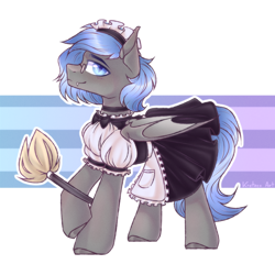 Size: 2750x2750 | Tagged: safe, artist:kreteen art, imported from derpibooru, oc, oc only, oc:jizlez, bat pony, pony, bat wings, clothes, crossdressing, duster, fangs, femboy, glasses, high res, looking at you, maid, maid headdress, male, simple background, solo, wings