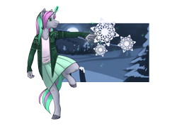 Size: 2000x1426 | Tagged: safe, artist:royvdhel-art, imported from derpibooru, oc, oc only, anthro, unguligrade anthro, unicorn, clothes, commission, female, glowing, glowing horn, horn, simple background, skirt, smiling, snow, snowflake, solo, transparent background, unicorn oc, ych result