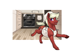 Size: 2000x1426 | Tagged: safe, artist:royvdhel-art, imported from derpibooru, oc, oc only, oc:red velvet, earth pony, pony, clothes, colored hooves, earth pony oc, kitchen, simple background, smiling, solo, white background